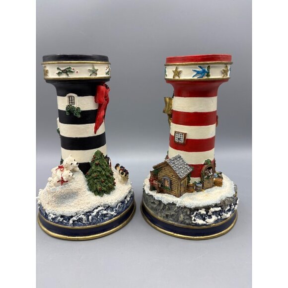 Vtg 90s Danbury Mint Set Of 2 Lighthouse Candle Stick Holders Christmas Design - Picture 5 of 8